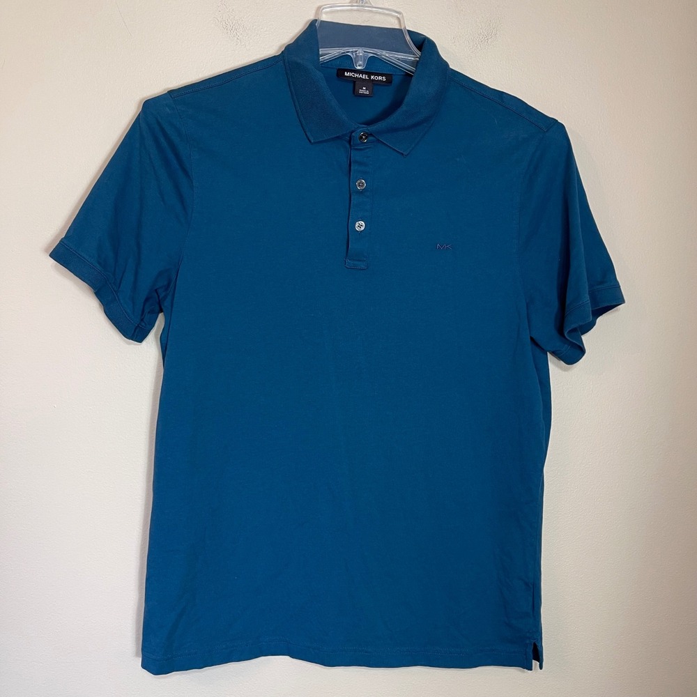Michael Kors Mens Short Sleeve Polo Shirt Teal Blue Cotton Size‎ M Logo Top
